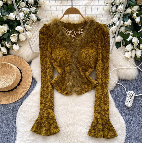 V-neck Furry Patchwork Bottoming Top