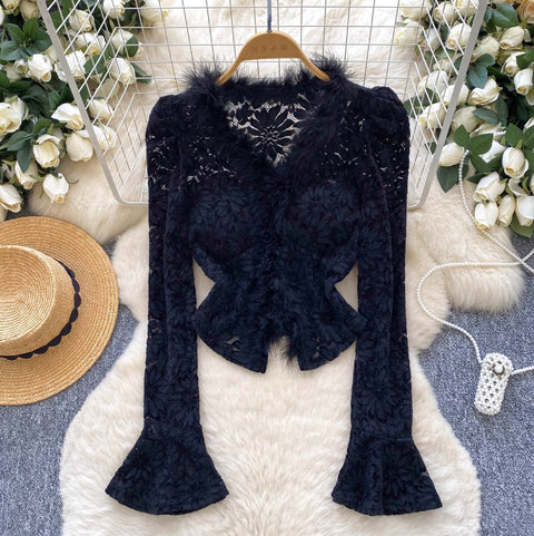 V-neck Furry Patchwork Bottoming Top