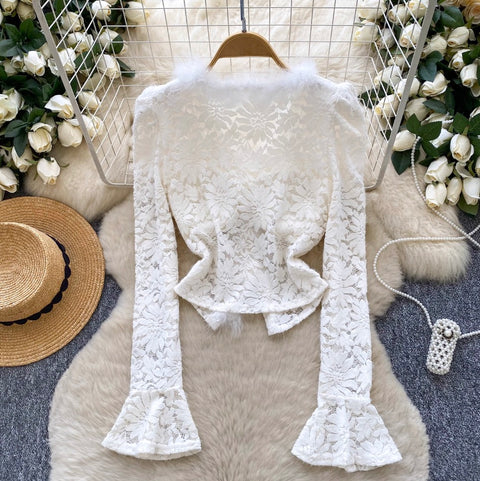 V-neck Furry Patchwork Bottoming Top