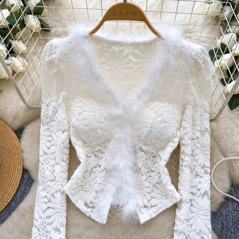V-neck Furry Patchwork Bottoming Top