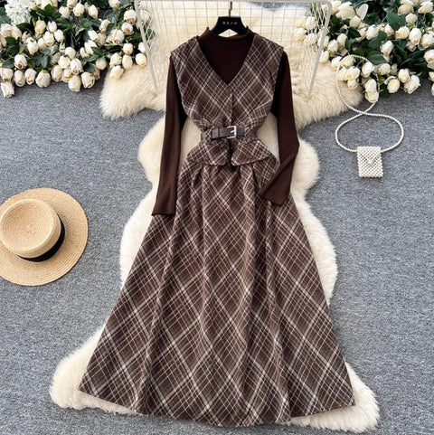 Plaid Patchwork Dress & Sweater 2Pcs