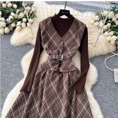 Plaid Patchwork Dress & Sweater 2Pcs