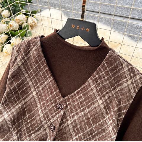 Plaid Patchwork Dress & Sweater 2Pcs