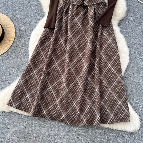 Plaid Patchwork Dress & Sweater 2Pcs