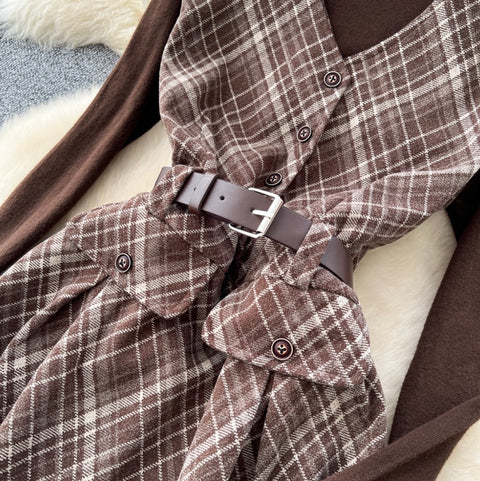 Plaid Patchwork Dress & Sweater 2Pcs