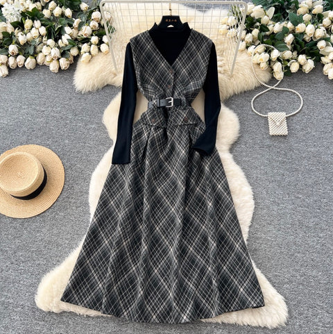Plaid Patchwork Dress & Sweater 2Pcs
