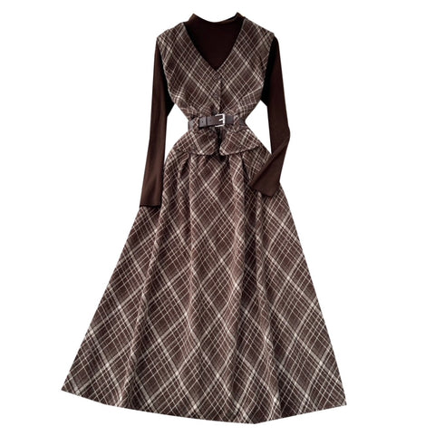 Plaid Patchwork Dress & Sweater 2Pcs