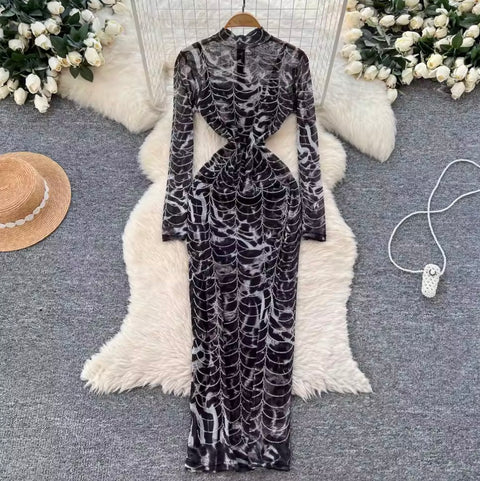 Rhinestone Studded Print Mesh Dress