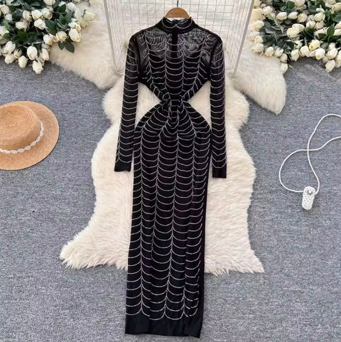 Rhinestone Studded Print Mesh Dress