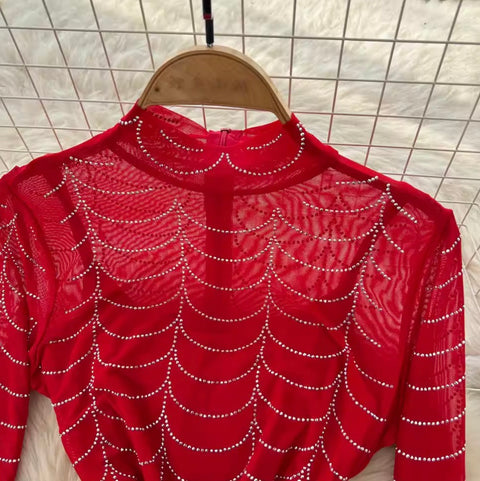 Rhinestone Studded Print Mesh Dress