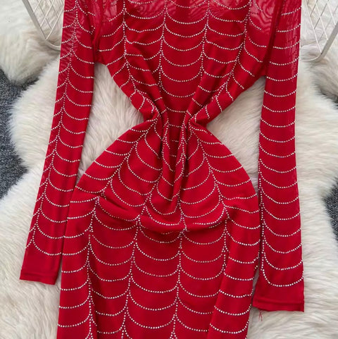 Rhinestone Studded Print Mesh Dress