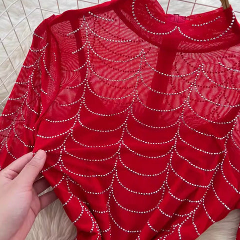 Rhinestone Studded Print Mesh Dress