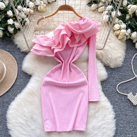 Slant Ruffled Neckline Knit Dress