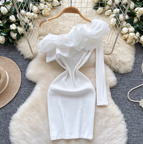 Slant Ruffled Neckline Knit Dress
