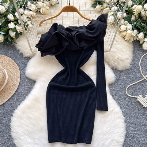 Slant Ruffled Neckline Knit Dress
