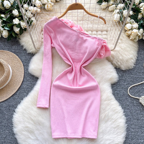 Slant Ruffled Neckline Knit Dress