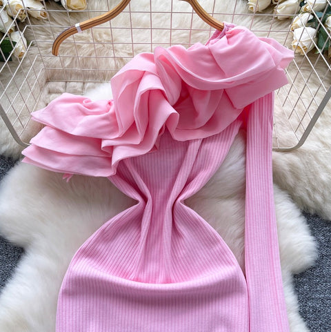 Slant Ruffled Neckline Knit Dress