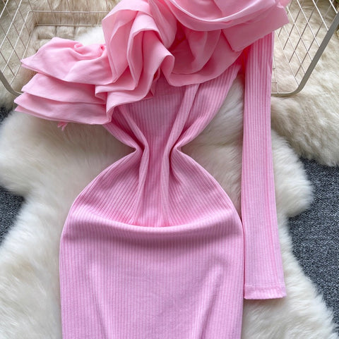 Slant Ruffled Neckline Knit Dress