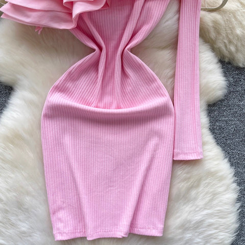 Slant Ruffled Neckline Knit Dress