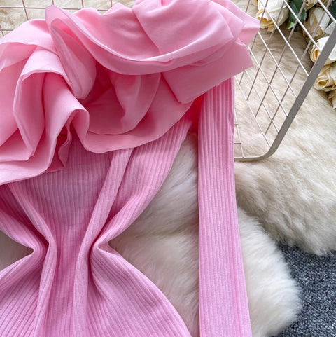 Slant Ruffled Neckline Knit Dress