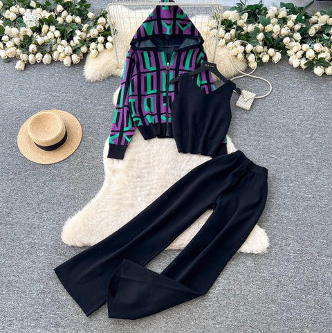 Print Hoodie & Vest & Trousers 3Pcs