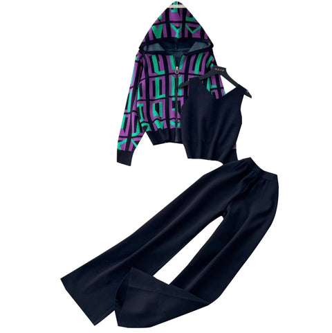 Print Hoodie & Vest & Trousers 3Pcs