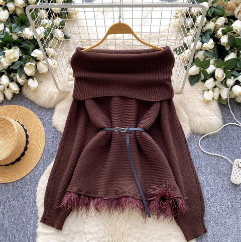 Off-shoulder Fringed Sweater with Belt