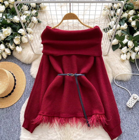 Off-shoulder Fringed Sweater with Belt