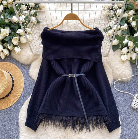 Off-shoulder Fringed Sweater with Belt