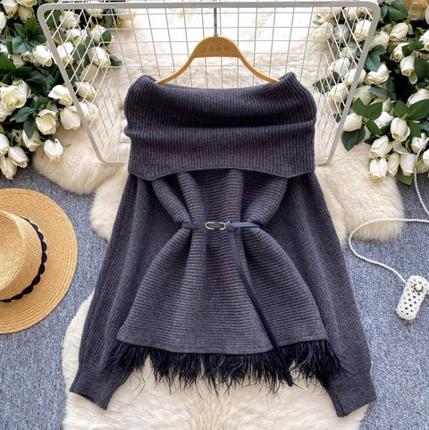 Off-shoulder Fringed Sweater with Belt