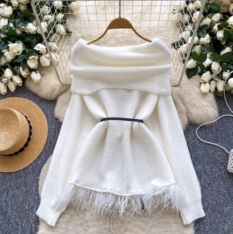 Off-shoulder Fringed Sweater with Belt