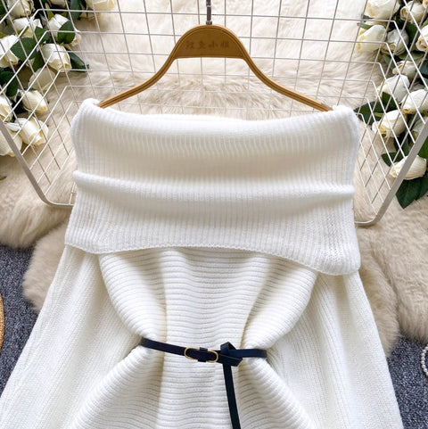 Off-shoulder Fringed Sweater with Belt