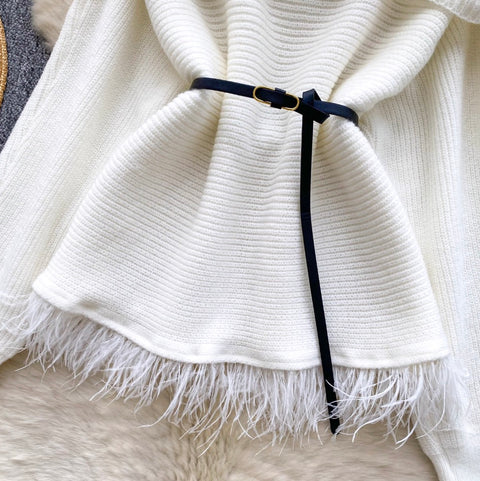 Off-shoulder Fringed Sweater with Belt