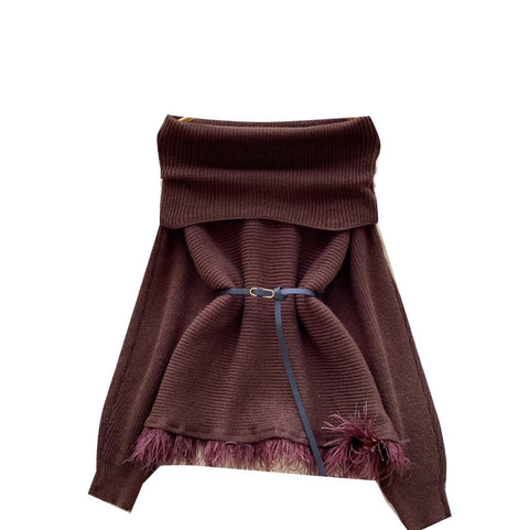 Off-shoulder Fringed Sweater with Belt