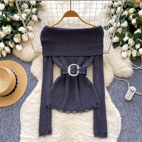 Off-shoulder Ripped Sweater with Belt