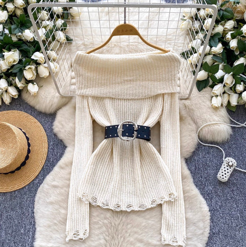 Off-shoulder Ripped Sweater with Belt