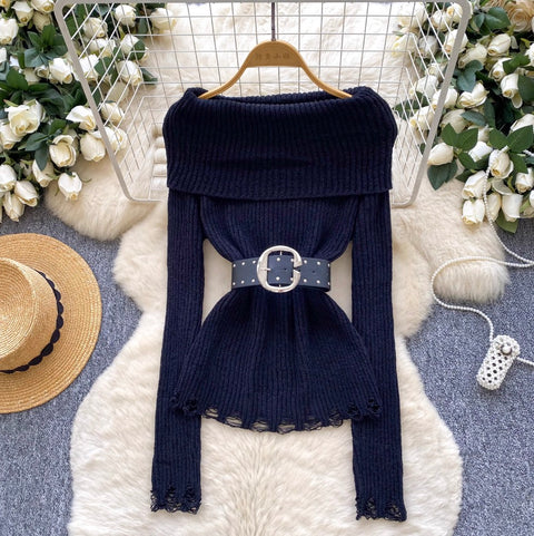 Off-shoulder Ripped Sweater with Belt