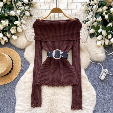 Off-shoulder Ripped Sweater with Belt