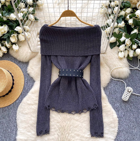 Off-shoulder Ripped Sweater with Belt