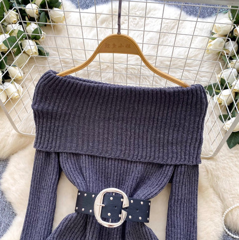 Off-shoulder Ripped Sweater with Belt