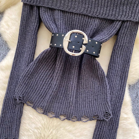 Off-shoulder Ripped Sweater with Belt