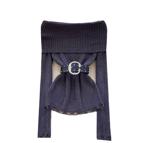 Off-shoulder Ripped Sweater with Belt