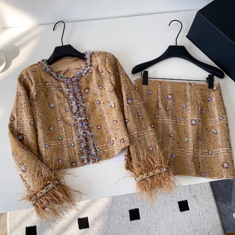 Beaded Furry Cardigan & Skirt 2Pcs