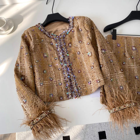 Beaded Furry Cardigan & Skirt 2Pcs