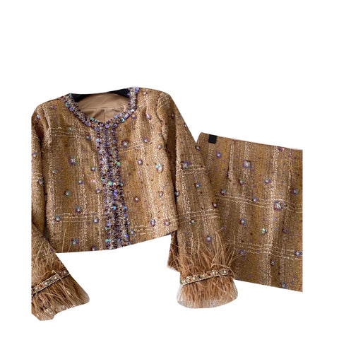 Beaded Furry Cardigan & Skirt 2Pcs