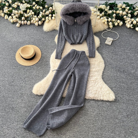 Furry Hooded Cardigan & Trousers Thermal 2Pcs