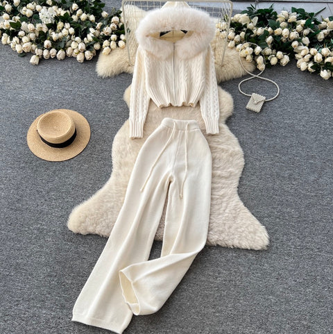 Furry Hooded Cardigan & Trousers Thermal 2Pcs