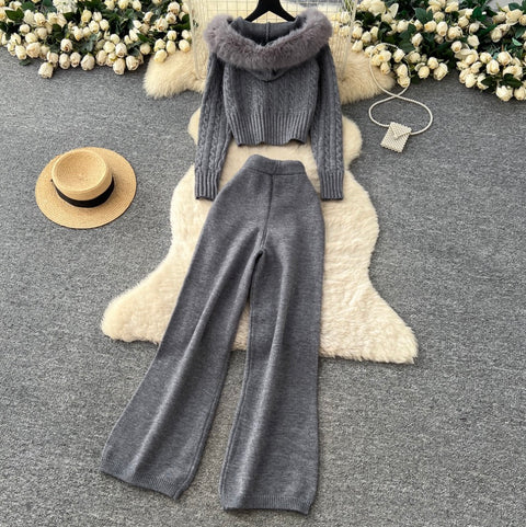 Furry Hooded Cardigan & Trousers Thermal 2Pcs