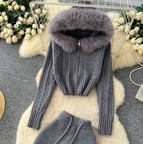 Furry Hooded Cardigan & Trousers Thermal 2Pcs