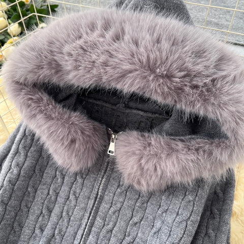 Furry Hooded Cardigan & Trousers Thermal 2Pcs